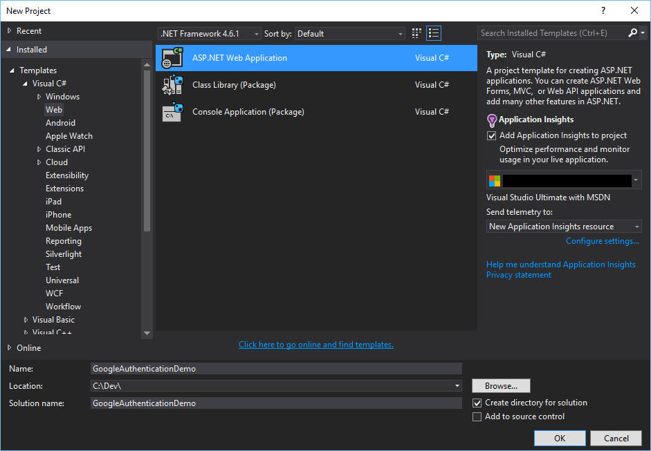 Select ASP.net Web Application